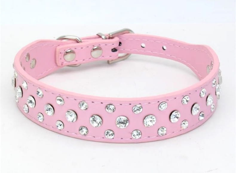 Rosa Leder-Hundehalsband für kleine Hunde und Katzen, verziert mit funkelnden klaren Strasssteinen und Metallbeschlägen in Silberoptik