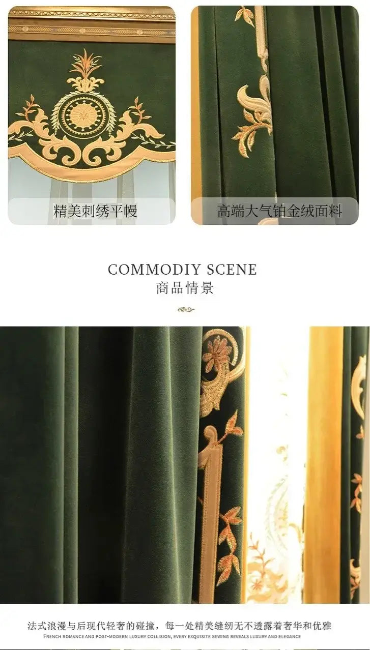 french green velvet embroidered curtains featuring deep green velvet fabric with intricate gold thread embroidery and tassel tieback beads for elegant window dressing.