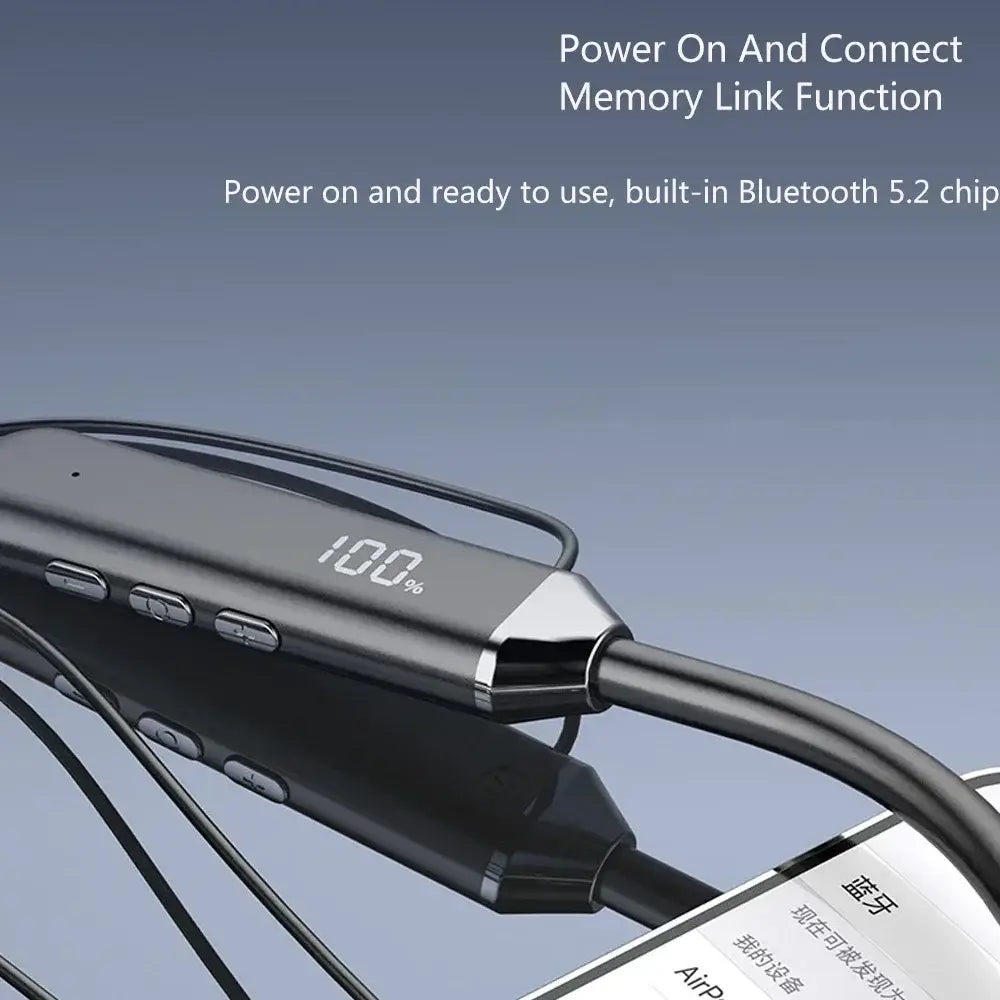 Black wireless neckband bluetooth earphones with led display featuring a sleek matte finish and silver accented control buttons.