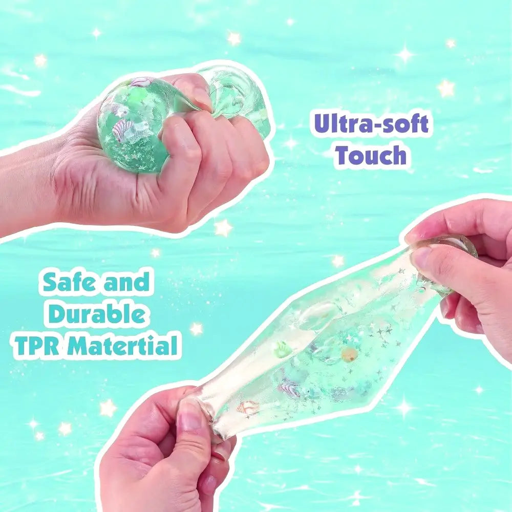 Ein durchscheinender grüner, ultramorbider Ocean-Shell-Fidget-Toy, weicher Würfel-Stressball, hergestellt aus sicherem, langlebigem TPR-Material, mit eingearbeiteten Muschel- und Seestern-Designs.