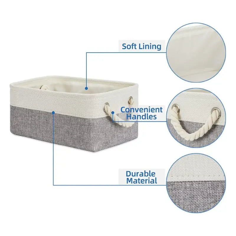 panier de rangement rectangulaire avec un extérieur en tissu texturé bicolore gris et une doublure souple de couleur crème, doté de poignées en corde robustes, idéal pour des paniers de rangement pliables avec poignées.