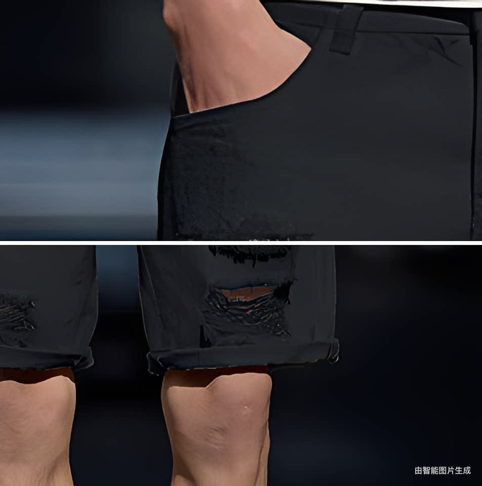 Short en denim noir délavé avec des revers roulés et un détail au niveau du genou déchiré, adapté à la mode streetwear.