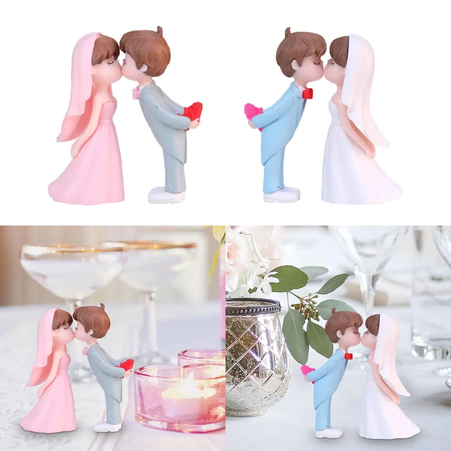 Hochzeitskuchenaufsatz Bräutigam und Braut Figuren aus Harz in rosa- und blaufarbenen Outfits, die rote Herzen halten.