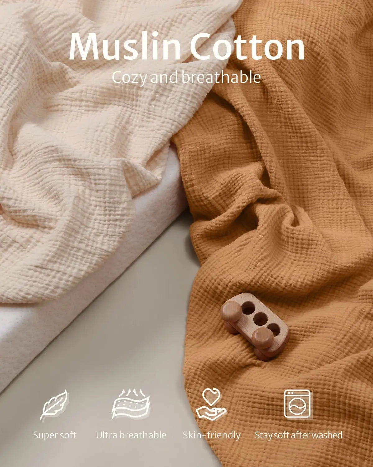 Babybettlaken-Set aus Baumwollmuslin mit weichen, strukturierten Decken in warmen Beige- und Terrakotta-Tönen, gefertigt aus atmungsaktivem Muslin-Baumwollstoff.