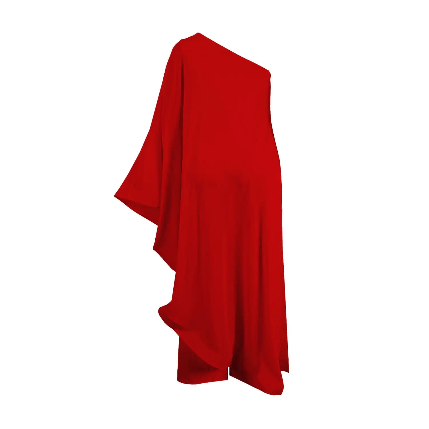 Ein leuchtend rotes, fließendes Kleid mit einer Schulter und drapiertem asymmetrischem Design, zusammen mit dem eleganten weißen Chiffon-Jumpsuit-Romper mit einseitiger Schulter und Rüschen