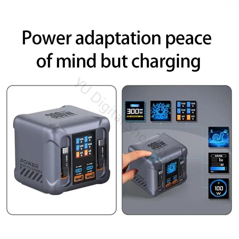 96BA EU Plug 300W Charging Hub 6 Port Retractable USB C Cable Charging Station