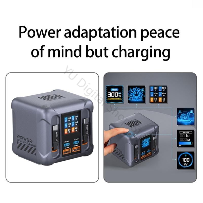 複数のUSBポートと、充電時のワット数を表示するデジタル表示を備えた、格納式USB-C・EUプラグの300W・6ポートラギッド充電ステーション