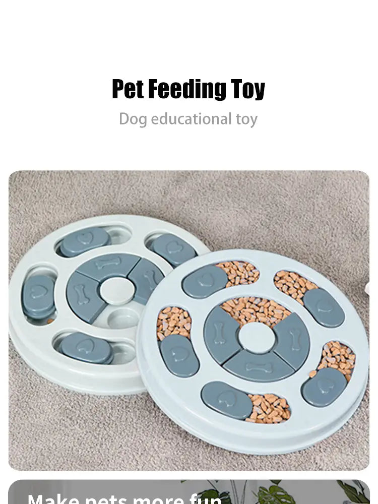 Interactive dog puzzle slow feeder toy in white and gray featuring a circular design with bone-shaped puzzle pieces.