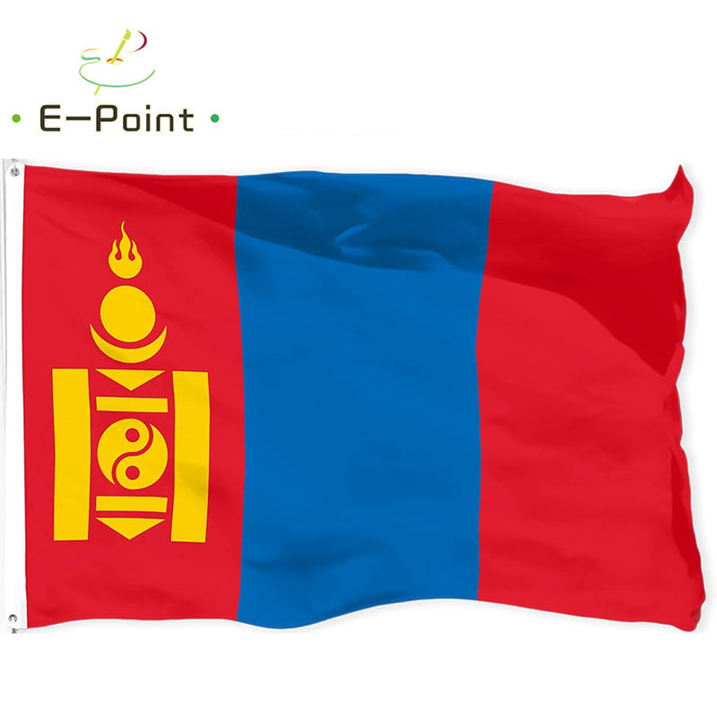 Mongolia flag polyester banner 3x5 ft with red and blue colors and a golden emblem featuring traditional symbols including a flame above a sun on the left side.