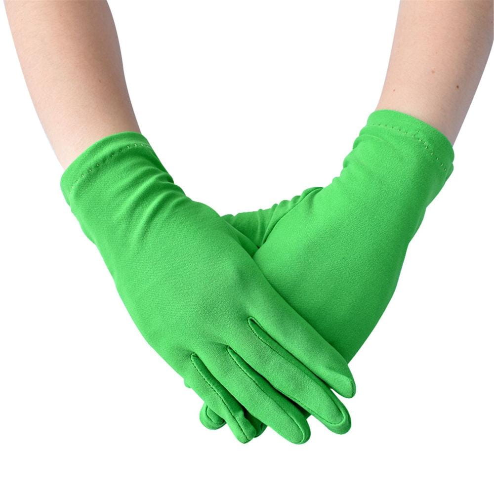 Leuchtend grüne einfarbige Handschuhe aus Milchseide aus glattem Stoff mit langen Fingern.
