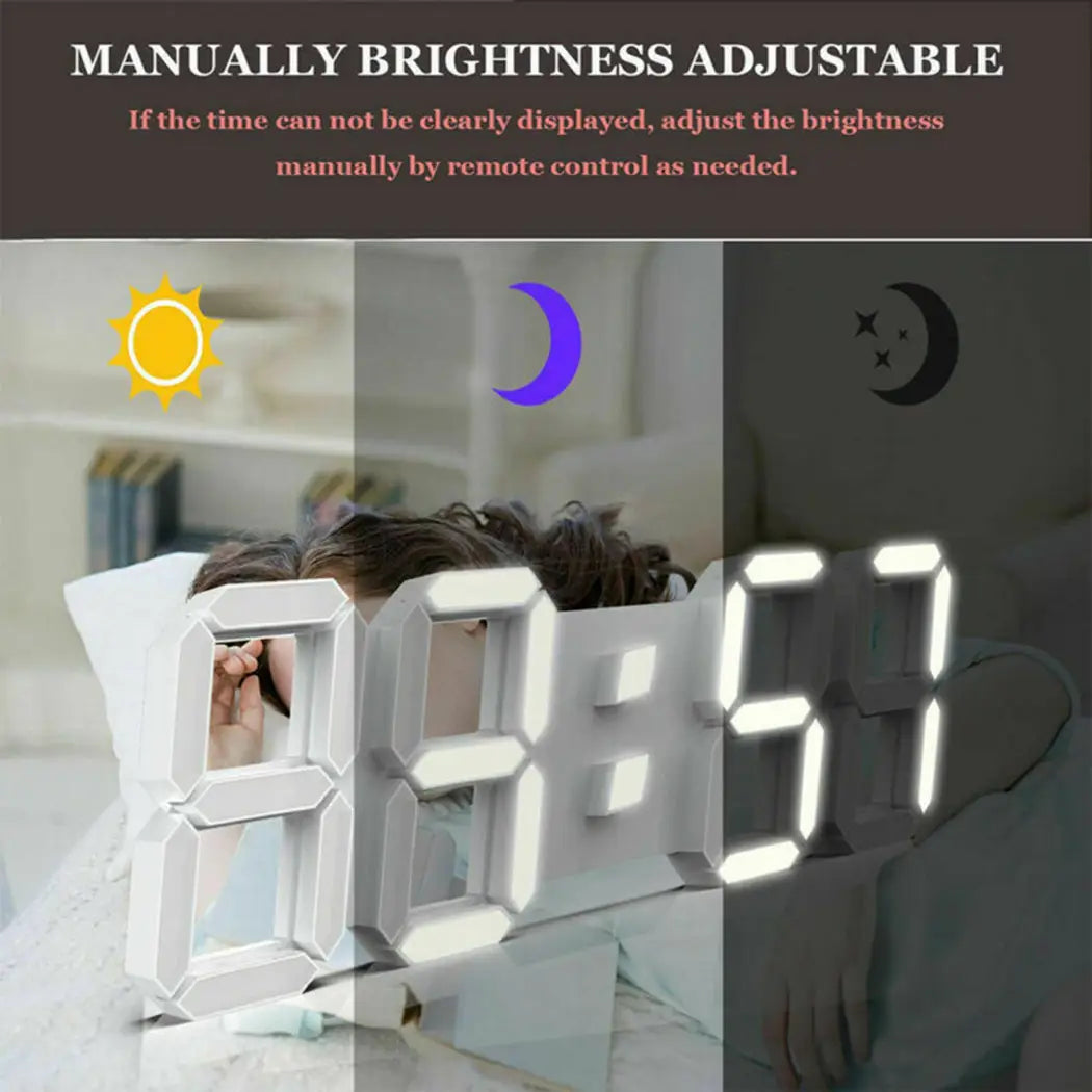 Horloge murale numérique LED 3d blanche moderne avec luminosité réglable manuellement et affichage 24 heures pour une lecture aisée de l’heure en tant qu’horloge murale fonctionnelle.