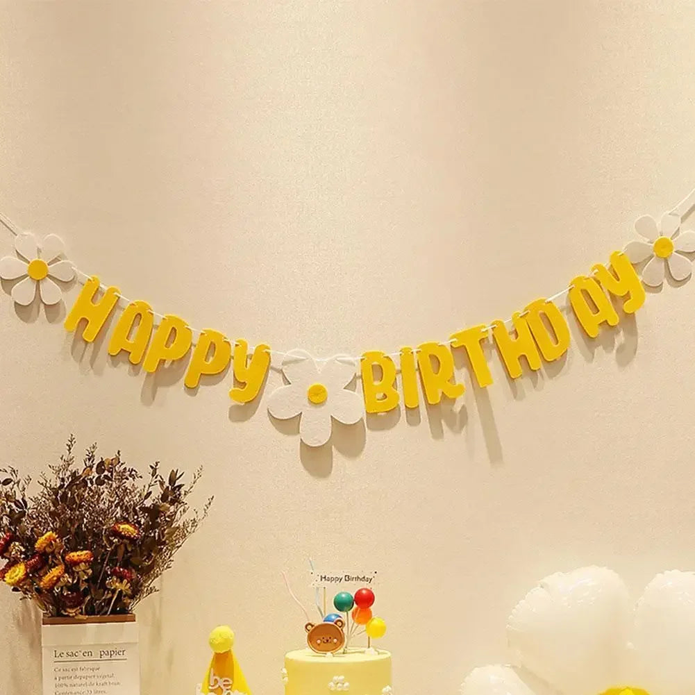 New Baby Shower Daisy Happy Birthday Banner White Flower Birthday Sign Garland Decoration Happy Daisy Flag Yellow Flower Party