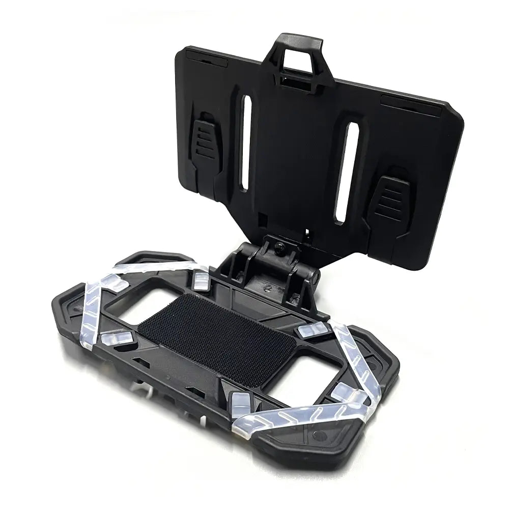Black plastic tactical molle phone navigation board with transparent adhesive strips and textured grip surface for secure motorcycle mounting.