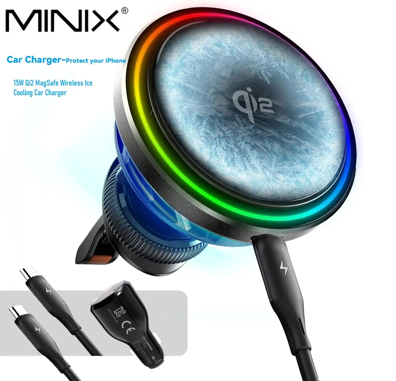 Minix Qi2-Magnet-KFZ-Ladegerät mit Kühllüfter, mit 15 W Qi2 MagSafe-Drahtlosladen, eisblauer strukturierter Oberfläche und einem Regenbogen-LED-Ring.