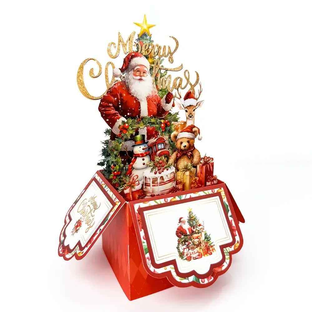 赤のクリスマスをテーマにした3Dのサンタクロースのクリスマス飛び出す（ポップアップ）グリーティングカードで、サンタ、トナカイ、テディベア、雪だるま、そして華やかな装飾があしらわれています。