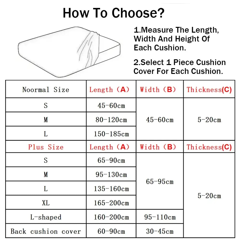 Maßtabelle für Bezugskissen für Stretch-Sofakissen 65–95 cm mit einer Dicke von 5–20 cm, mit Abmessungen für die Größen S, M, L, Plusgröße, XL sowie für Ausführungen mit L-Form.