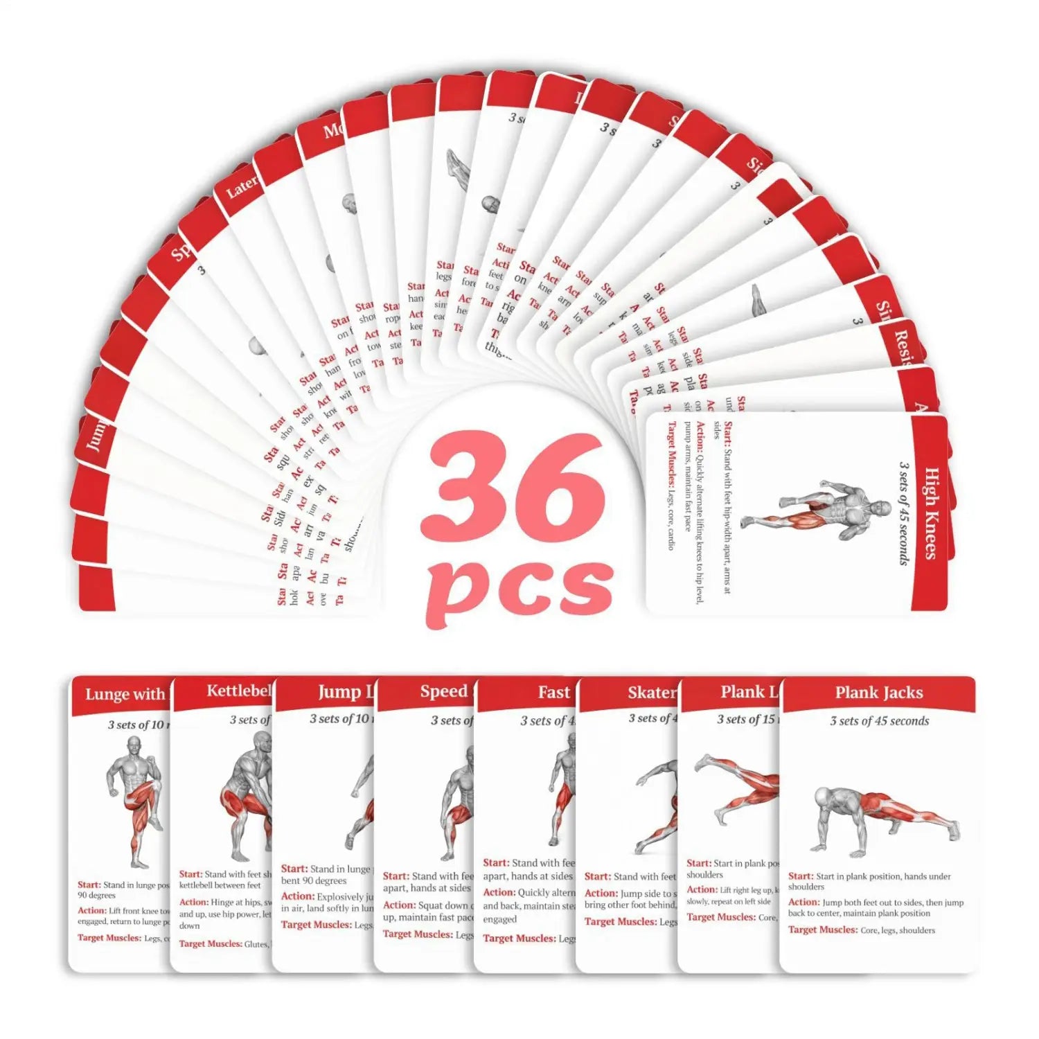 Set of 36 red and white workout cards fitness exercise deck showing illustrated muscle-targeting exercises for home and gym use.