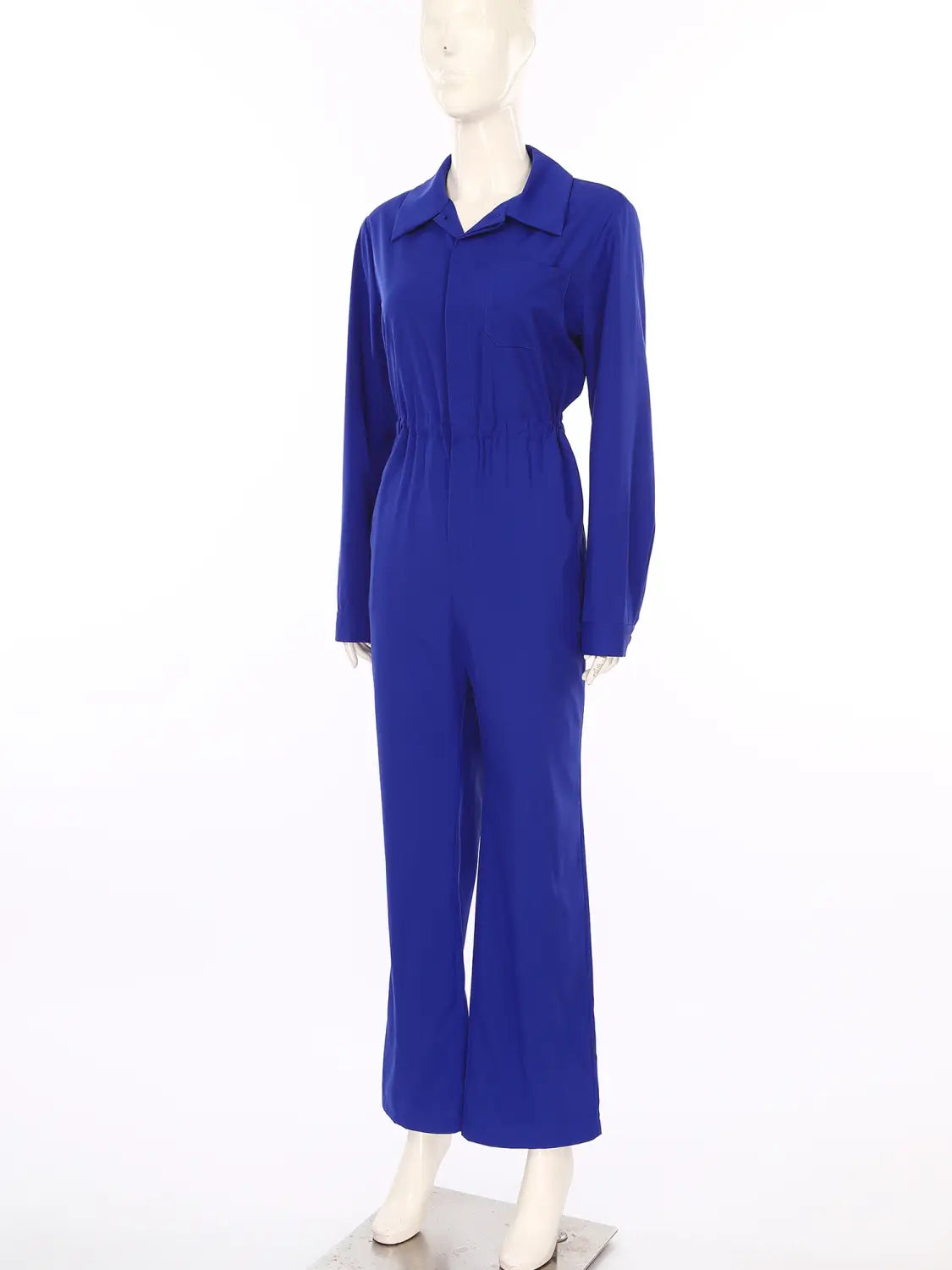 A vibrant royal blue long sleeve casual jumpsuit with a collar and cinched waist designed for comfortable everyday wear.