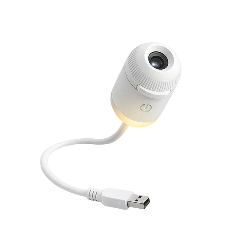 White usb-powered starry sky night light atmosphere lamp with cylindrical textured body and glowing base.