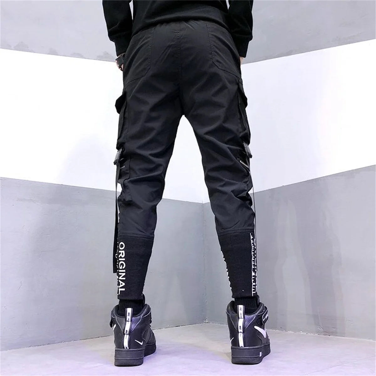 Men's Cargo Pants Casual Hip Hop Hit Color Multiple Pockets Trousers Streetwear Ribbons Techwear Sweatpants Boys