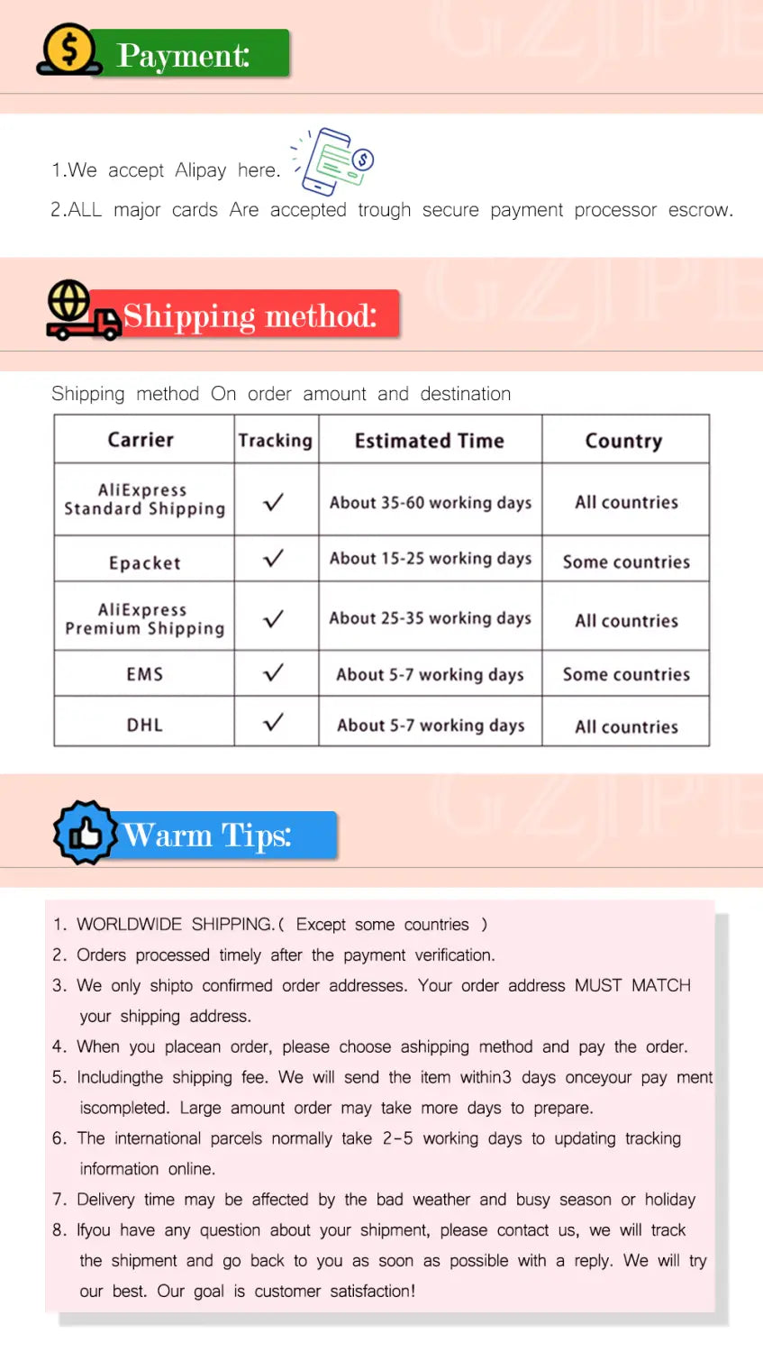 Écran d’informations sur le paiement et l’expédition sur AliExpress détaillant les modes de paiement acceptés, tels qu’Alipay et les principales cartes de crédit, ainsi que des options de transporteur, incluant l’EMS standard, l’EMS premium et DHL, pour l’ensemble de bijoux en filigrane bicolore doré pour femmes.
