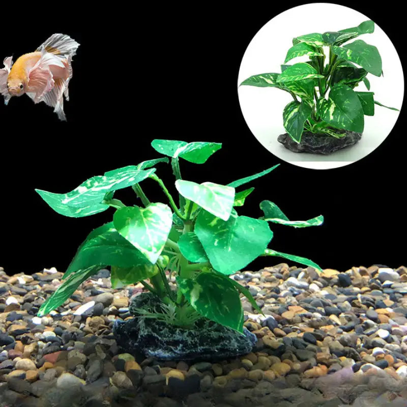 artificial water plant with green and white variegated leaves mounted on a dark rocky base designed for fish tank landscape decoration.