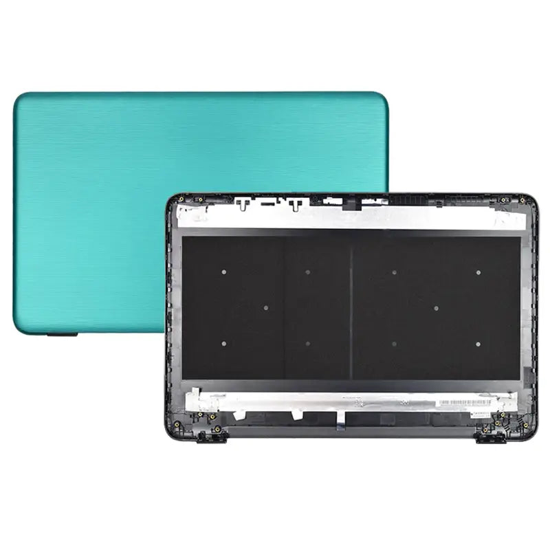 Austausch der Scharniere der LCD-Rückabdeckung für „hp 17-x“: Darstellung der türkisfarbenen Laptop-Deckel- und Rahmenbaugruppe mit matter Oberfläche und präzisen Aussparungen auf der Rückseite.