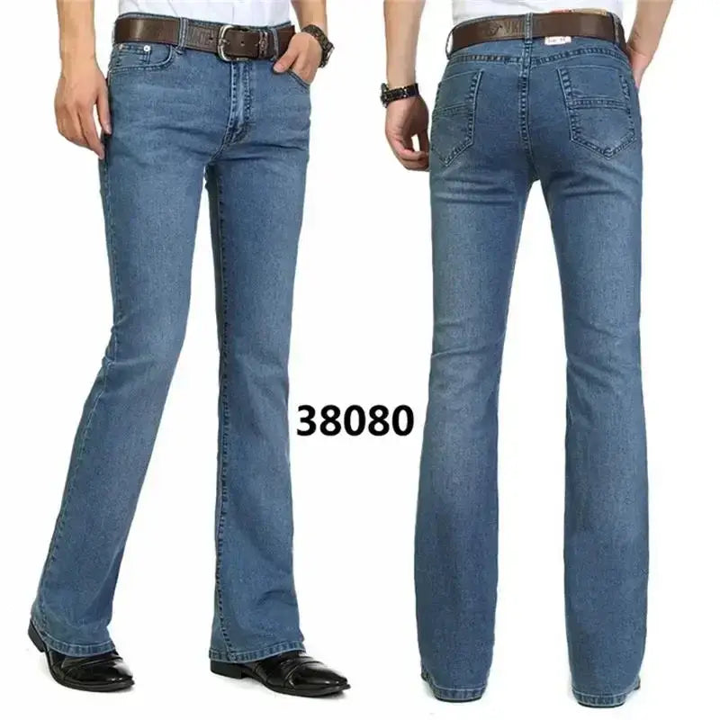 Men black flare denim jeans slim fit trousers made of blue denim with a flared leg cut and brown belt.