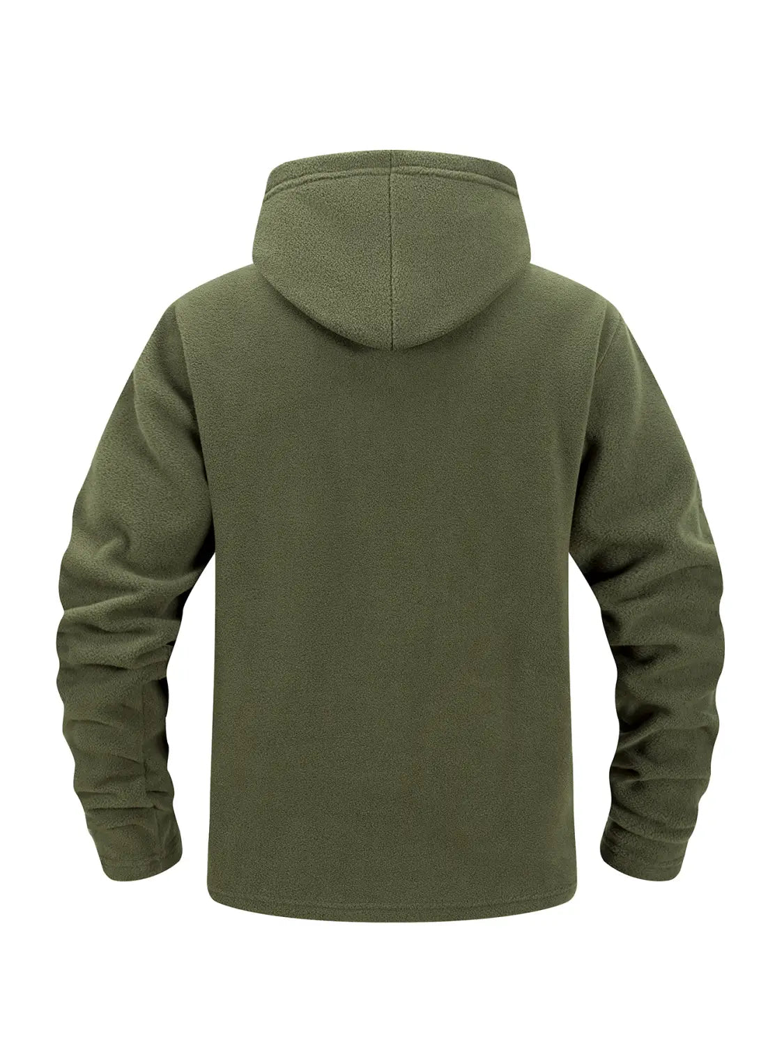 chaqueta polar táctica verde oliva para hombre, con diseño de cremallera completa y capucha, tejido polar suave de textura marcada y puños acanalados