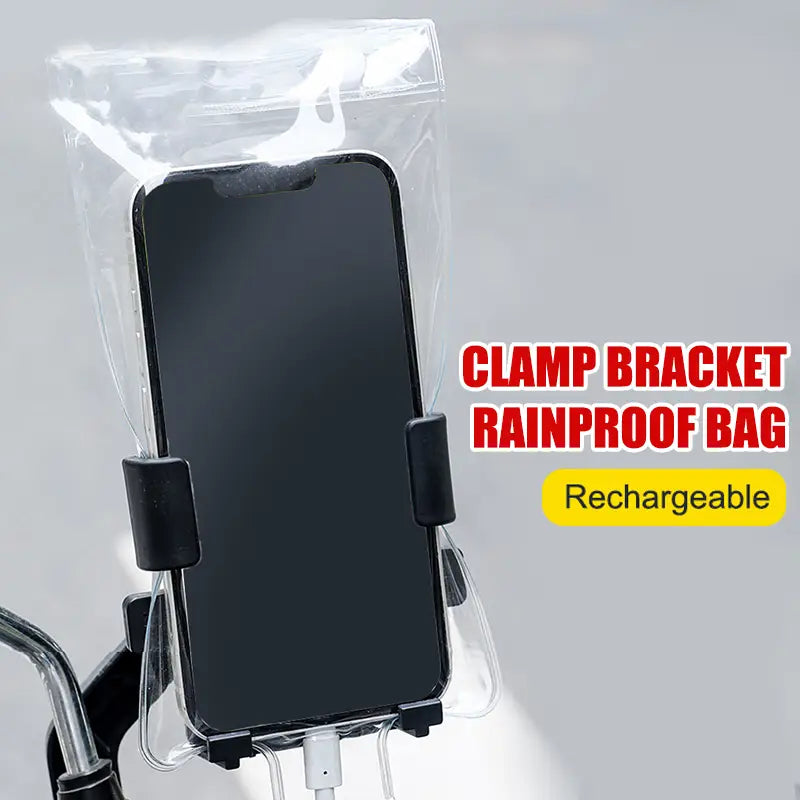 透明な防雨用クランプブラケットバッグに固定された黒色のスマートフォン、黒色のプラスチック製クランプを防水性の自転車用スマートフォンポーチ（5個入り）に収めた商品