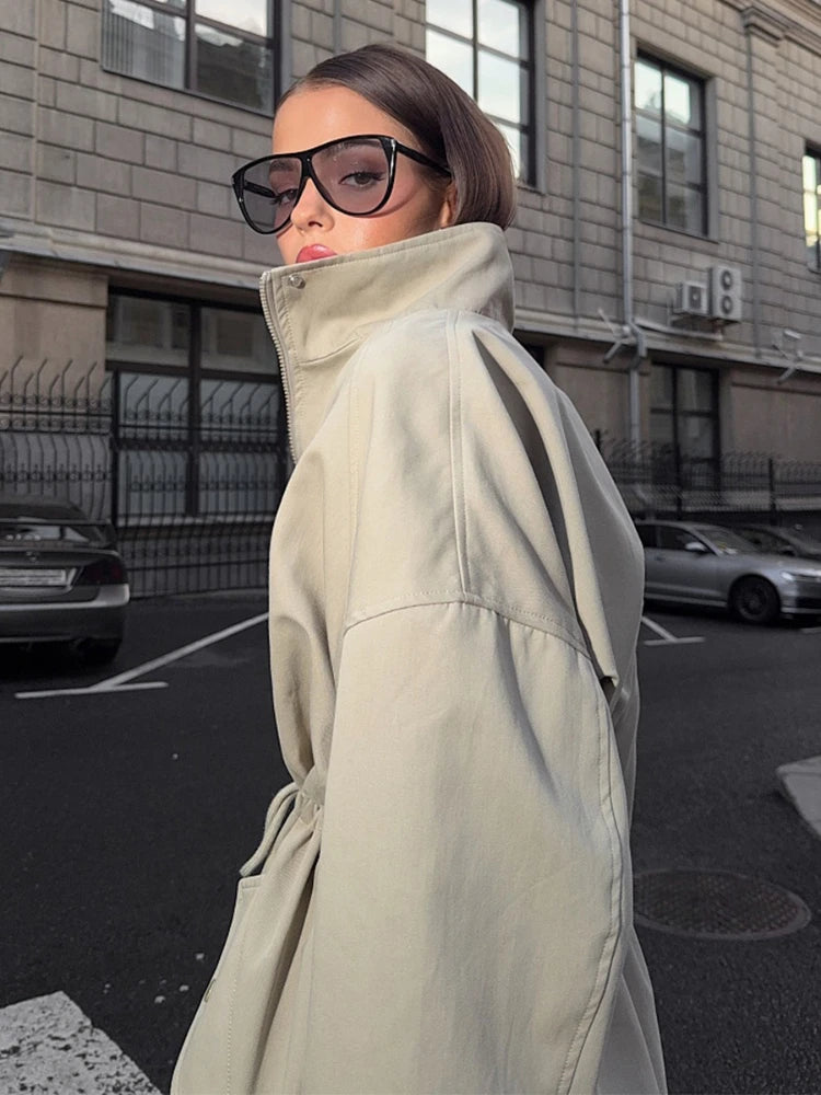 women Coat Stand Collar Drawstring Waist Trench Jacket 2025 Autumn Commute Long Sleeves Casual Women's Mid-Length Trench Coat