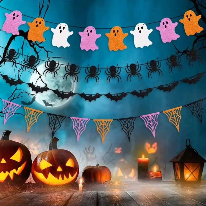 Guirnalda decorativa de papel para Halloween con purpurina que presenta una tira de recortes de coloridos fantasmas con purpurina en rosa, naranja y blanco, para una decoración festiva
