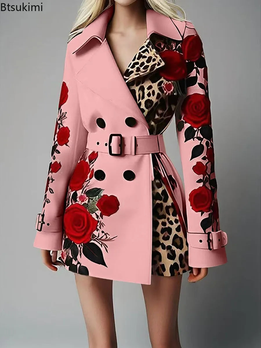 Women's Chic Trench Coat Red Rose Leopard Print Double Breasted Belted Lapel Long Sleeve Outerwear Winter Female  Casual Jackets