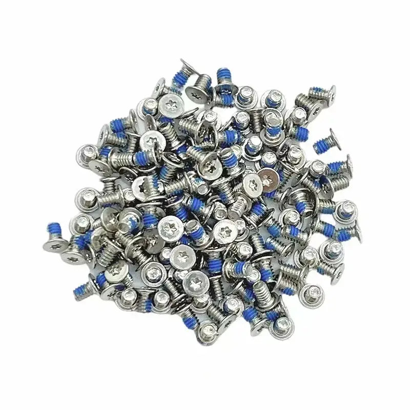 Un lot de vis à tête cruciforme de couleur argentée avec un ruban d’arrêt de filetage bleu, conçu pour l’ensemble de vis du boîtier inférieur du Dell Xps.