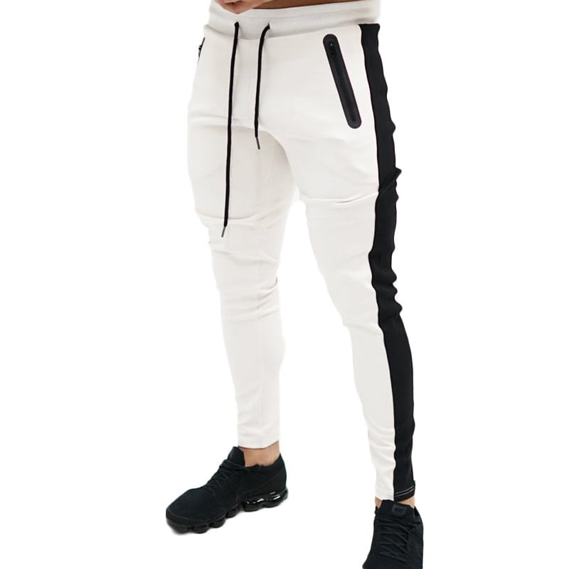 Pantalones cargo deportivos blancos de hombre, joggers casuales holgados, con un diseño elegante de ajuste ceñido, que incluyen una franja lateral negra y cordón a juego.
