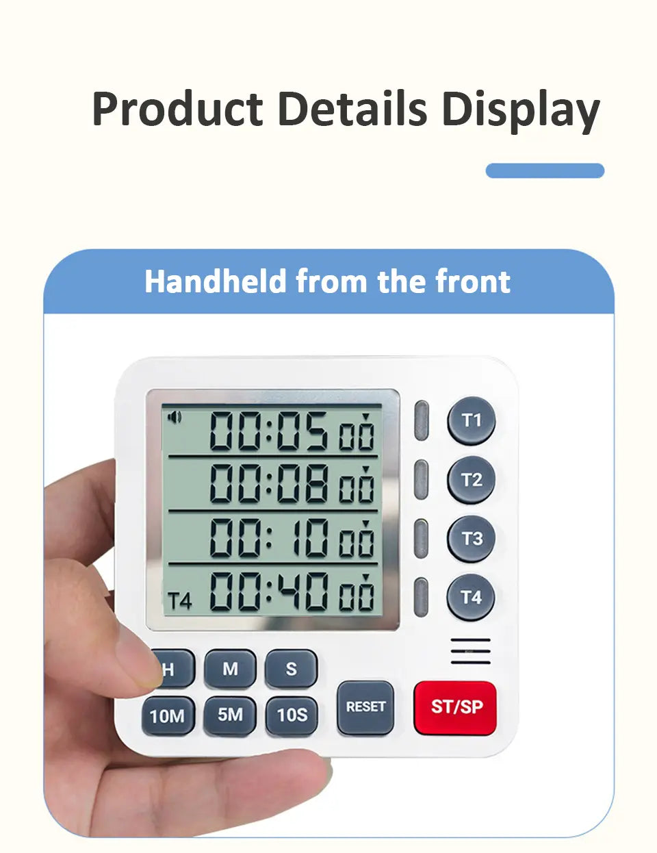 temporizador digital de cocina magnético portátil de 4 canales en color blanco, con cuatro pantallas de cuenta atrás independientes y varios botones de funciones para gestionar el tiempo con precisión.