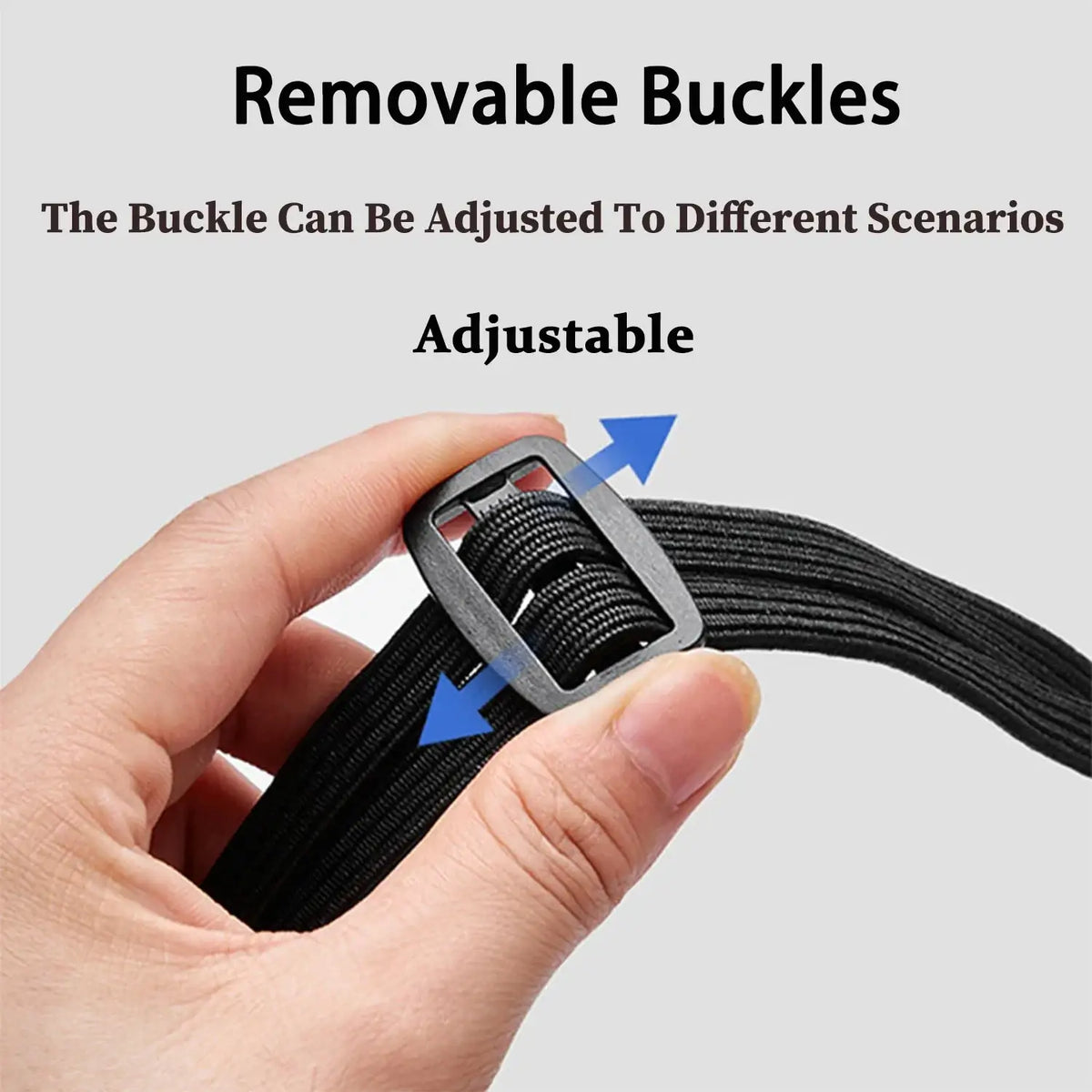 Black elastic strap with silver metal buckle showing removable and adjustable design for car trunk organizer
