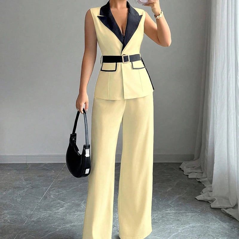 Women's Office Lady Ensemble Outfit Autumn Sleeveless Straight Leg Pants Set Classy Bandeau Elegant Style Top And Vest 2 Set