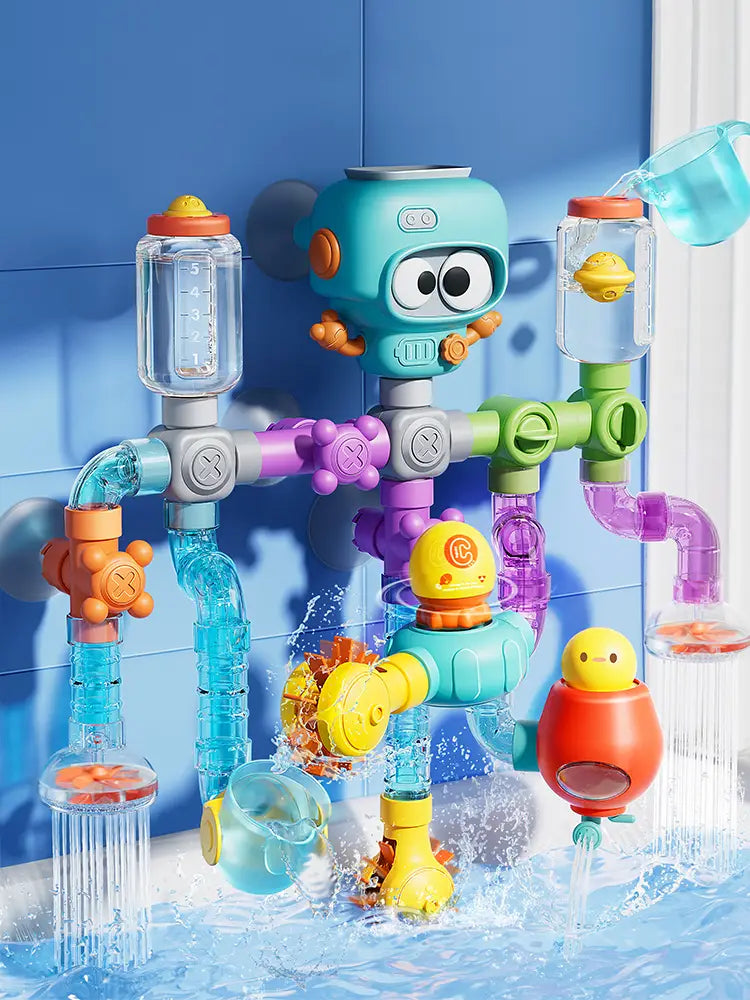 カラフルなプラスチック製の配管、水の分配器、吸盤、入浴用の浮遊キャラクター人形を備えた、ターコイズ色のロボットをテーマにしたDIYバス用配管おもちゃのセット。