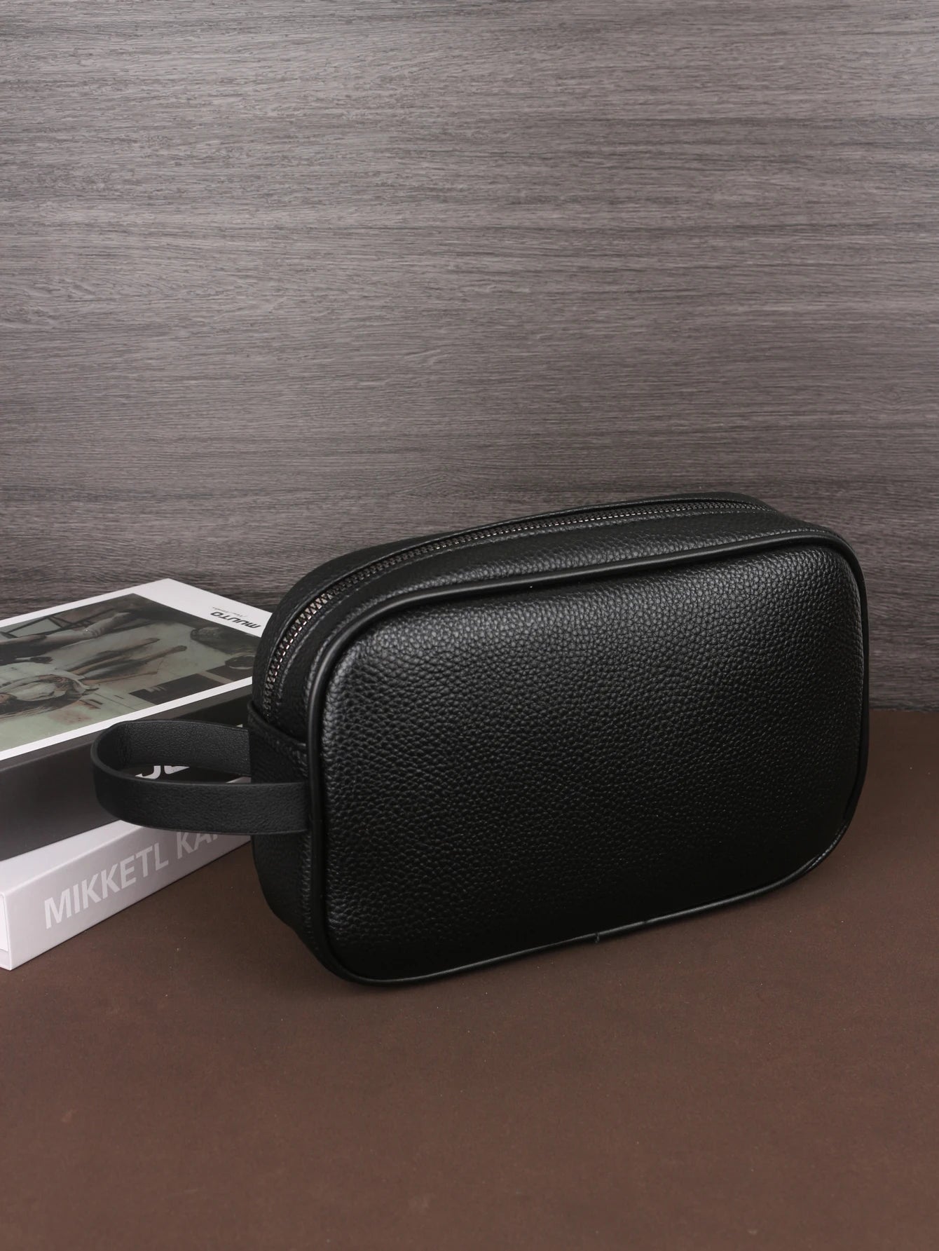 Black textured pu leather men toiletry bag with a short handle and dual zippers for large travel organization