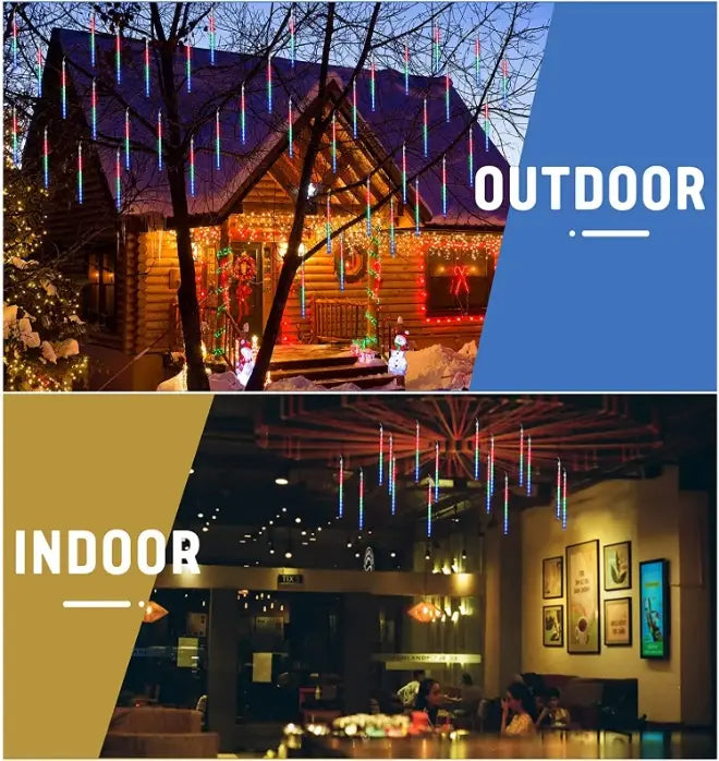 Bunte LED-Meteorschauer-Regen-Lichterkette mit lebendigen Farbtönen und modernem, elegantem Design, geeignet für den Einsatz in Innen- und Außenbereichen.