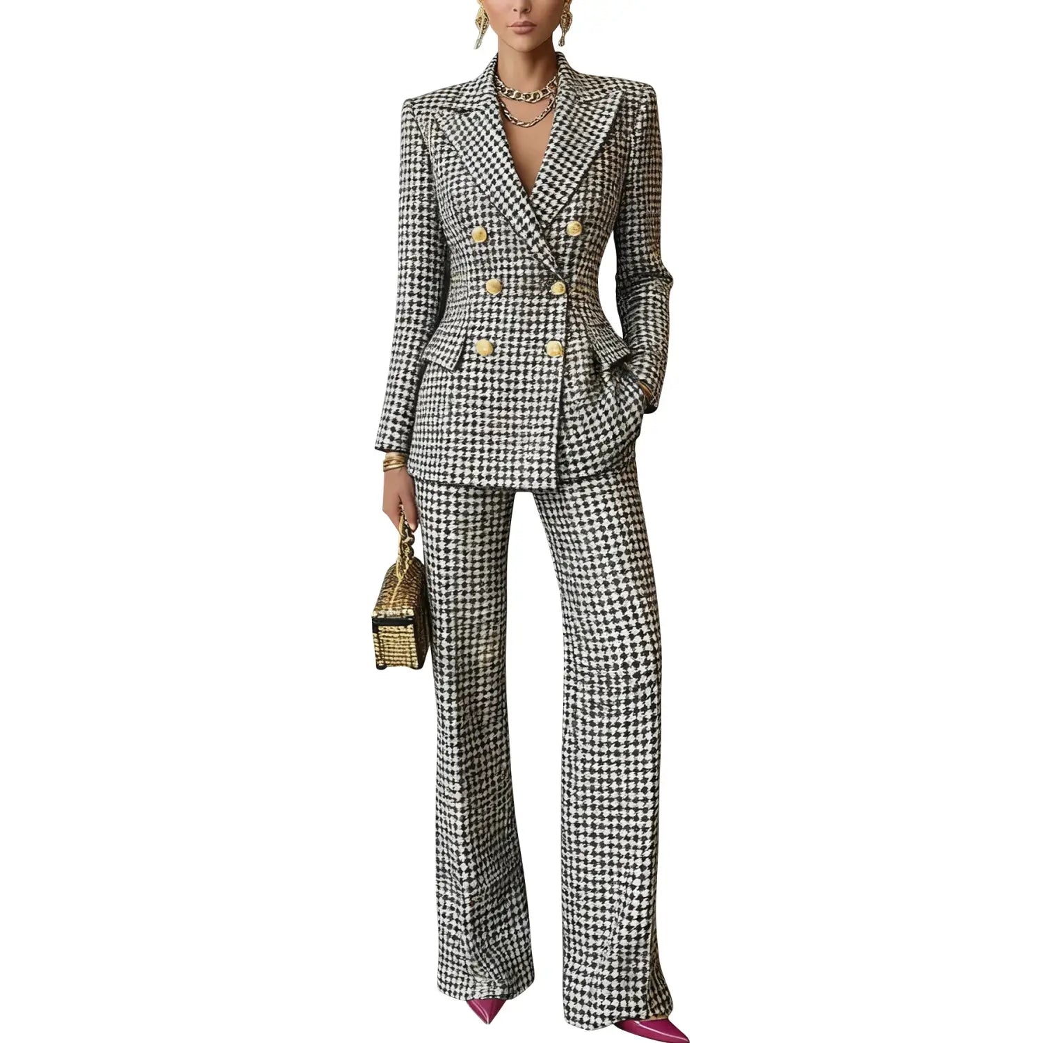 Damen-Karo-Blazer im Schwarz-Weiß-Hahnentritt-Muster aus Synthetikfaser mit zweireihigem Verschluss und goldfarbenen Knöpfen.