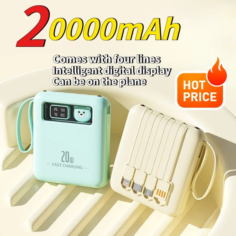 Portable 20W Power Bank Built-in 4 Cables Digital Display Mini External Battery with Lanyard Travel Charger for IPhone Huawei