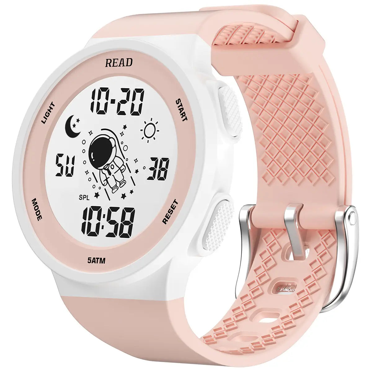 Woman digital led watch in pink and white with a waterproof silicone band featuring a space-themed face with an astronaut moon sun and stars designed for sports use.