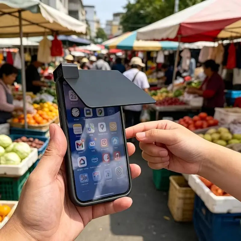 schwarzes Smartphone mit schwarzem Telefon-Sonnenblendengehäuse mit einer Anti-Blend-Dachabdeckung wie ein Schutz über dem Display zur besseren Sicht im Freien.