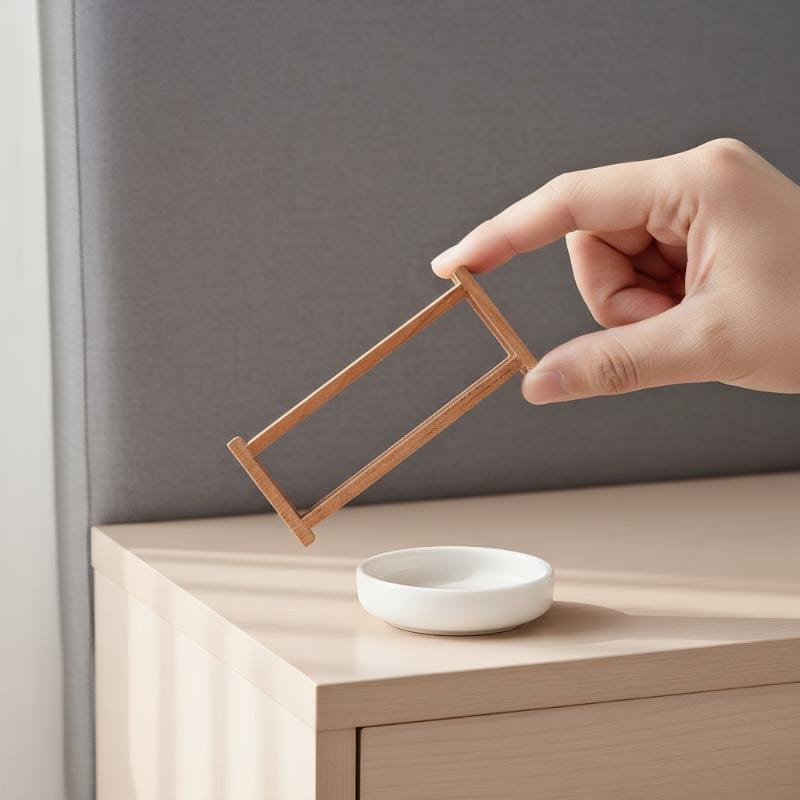 Ein minimalistischer Bilderrahmen aus hellem Braunholz mit schlankem, einfachem rechteckigem Design für Miniatur-Holzregale als Puppenhaus-Aufbewahrungsmöbel.