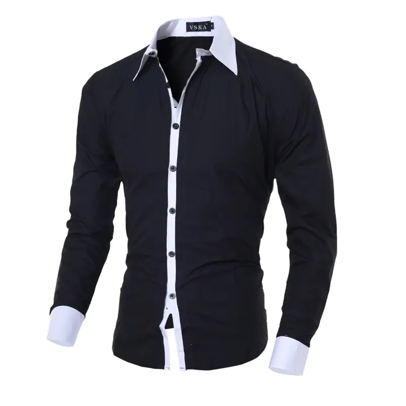 Men striped slim fit long sleeve casual shirt featuring a black and white contrast with a sleek modern design and crisp collar and cuffs.