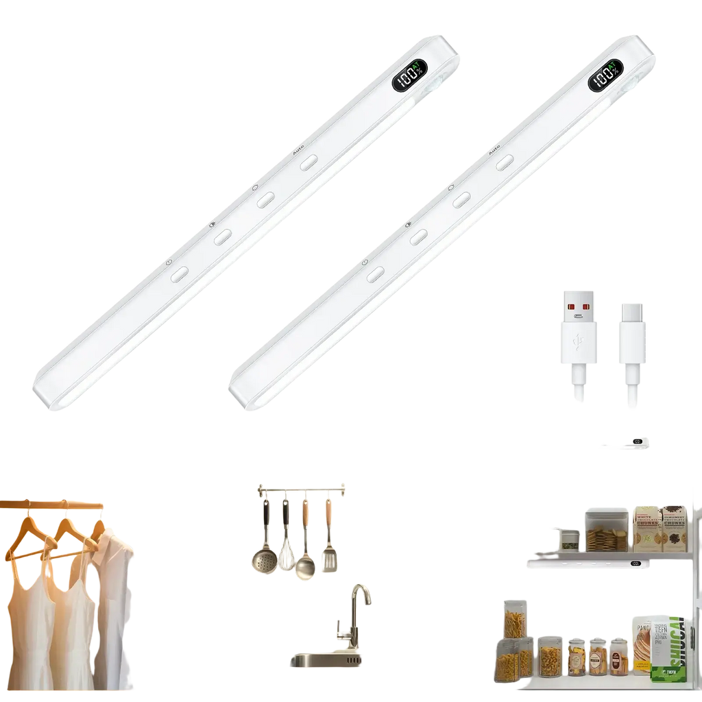 Two white led motion sensor light bars with digital displays and usb-c charging ports for indoor use