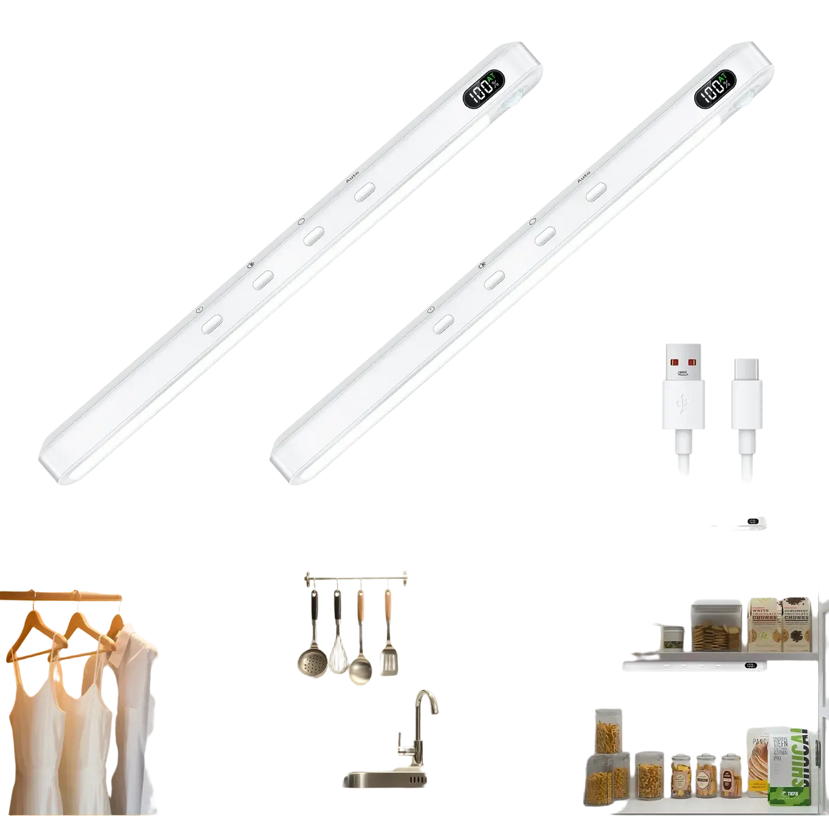 Two white led motion sensor light bars with digital displays and usb-c charging ports for indoor use