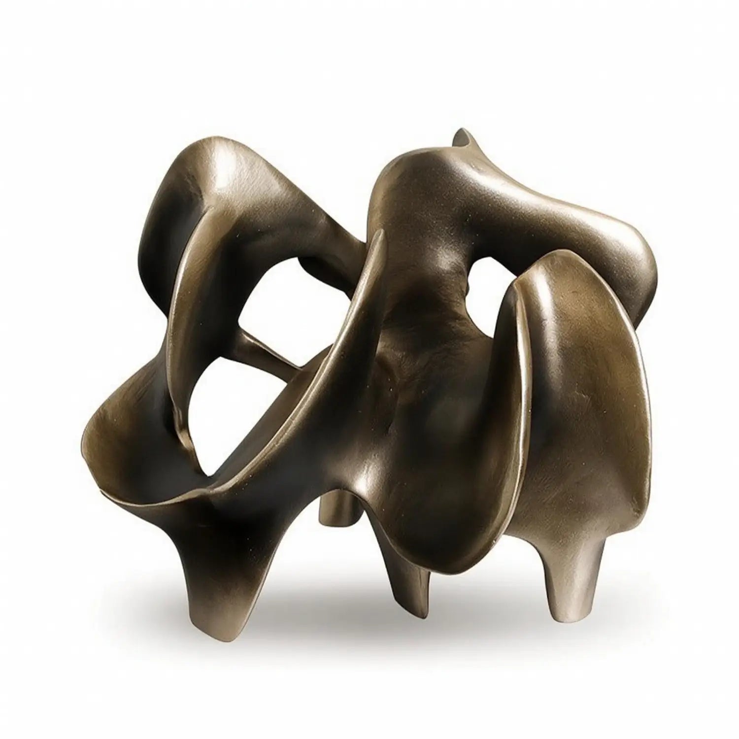 Resin decorative item featuring an abstract bronze sculpture with flowing intertwined forms and a polished metallic gold finish.